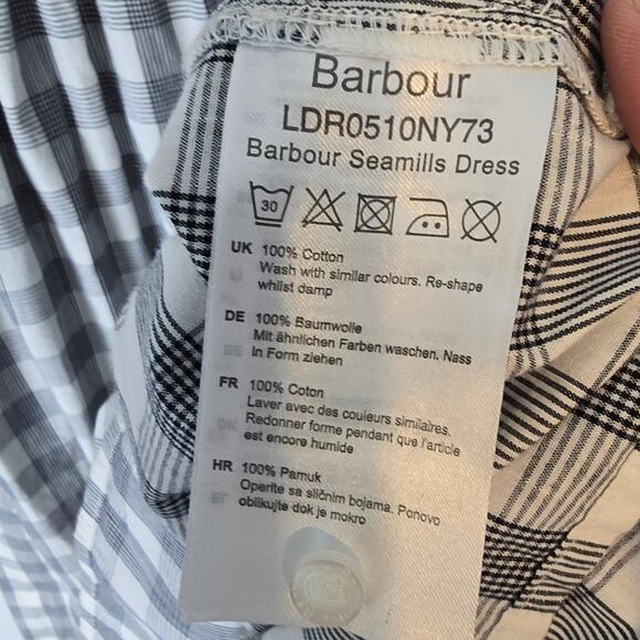 Barbour Seamills Gingham Check Midi Dress Navy White Ruffle Belted Button NWOT 6 - Picture 6 of 11